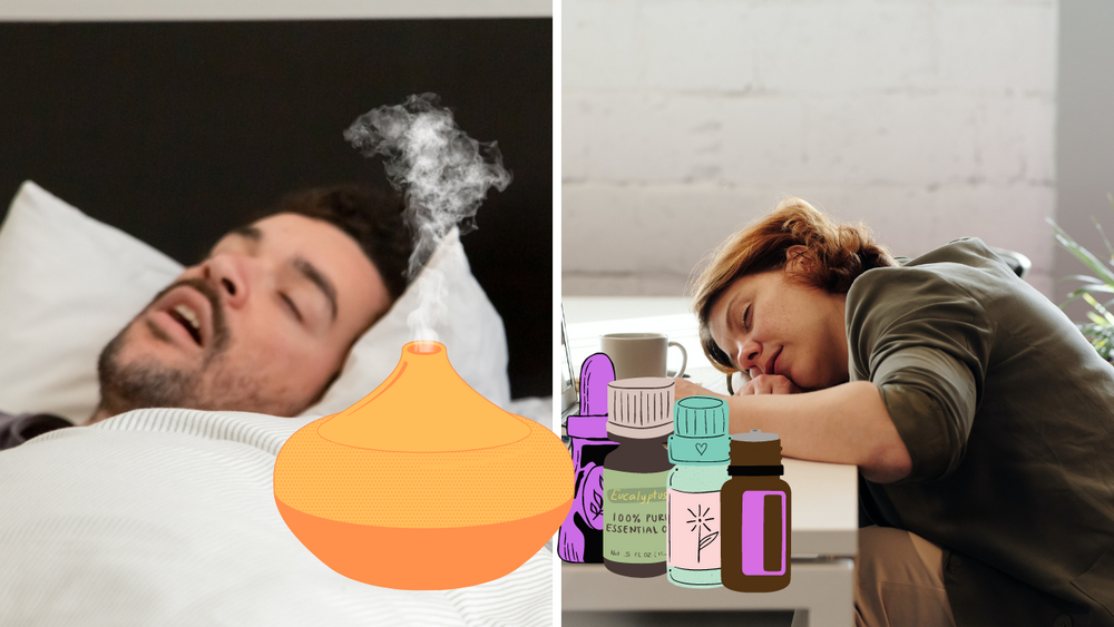 Essential oils for sleep apnea- Images from Canva and Pexels.com (by Marcus Aurelius, right)
